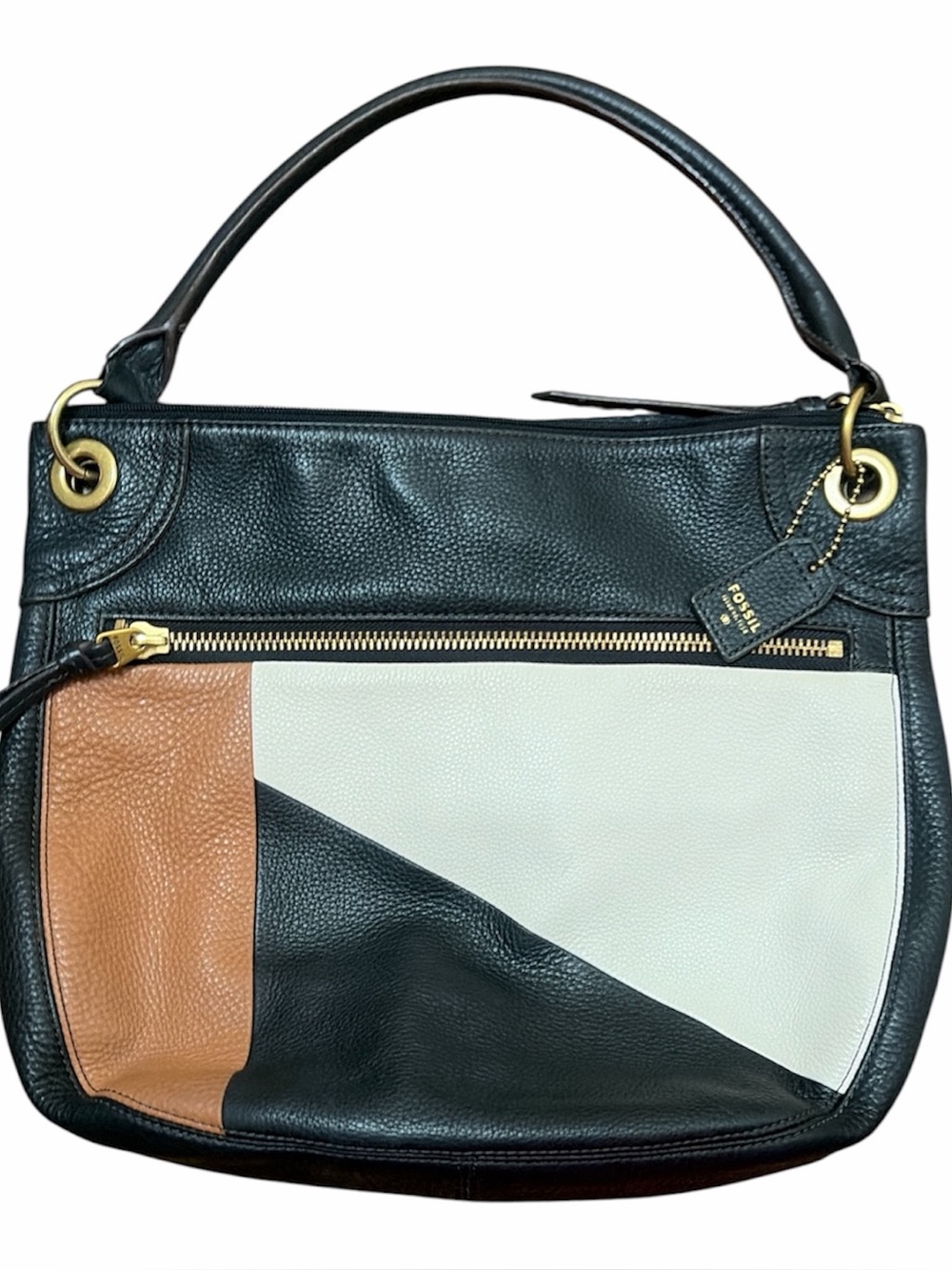 Fossil Black, Tan & Cream Colorblock Leather Shoulder Bag